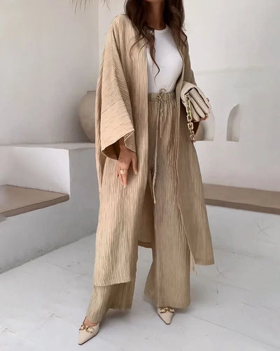 fashionable long slit cardigan casual two suit