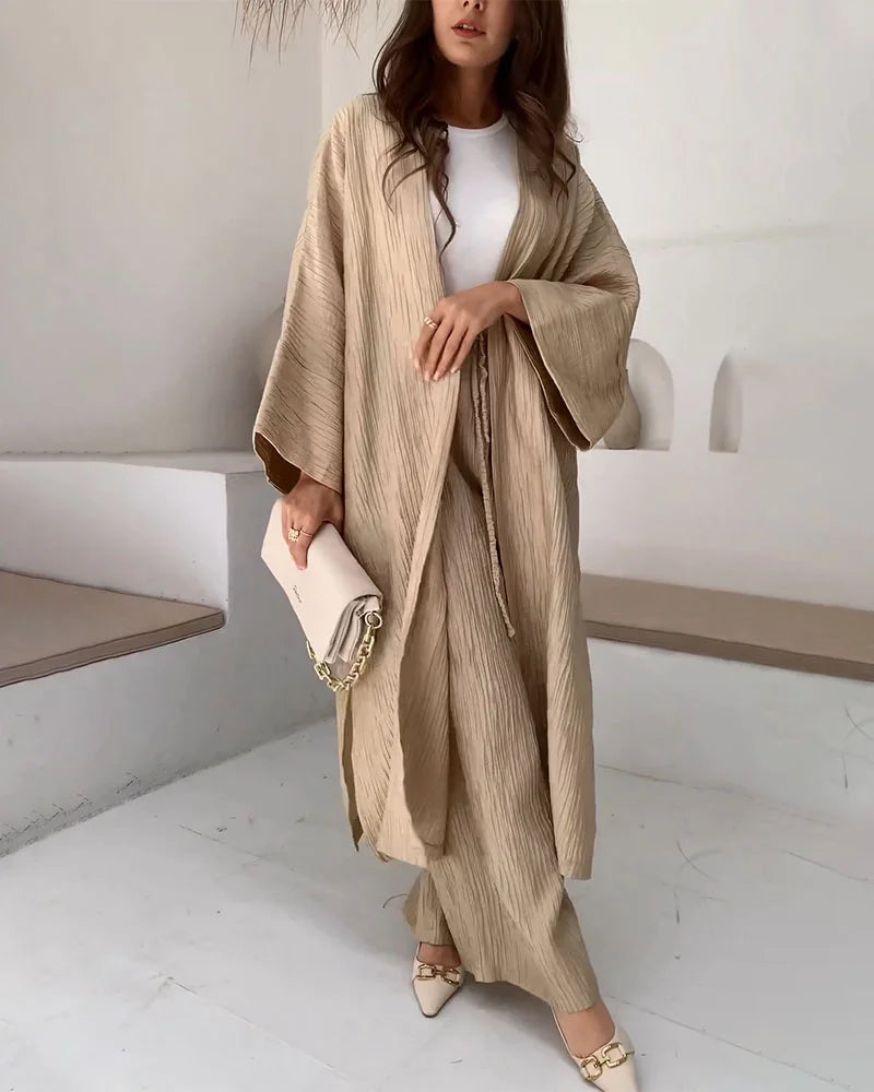 fashionable long slit cardigan casual two suit