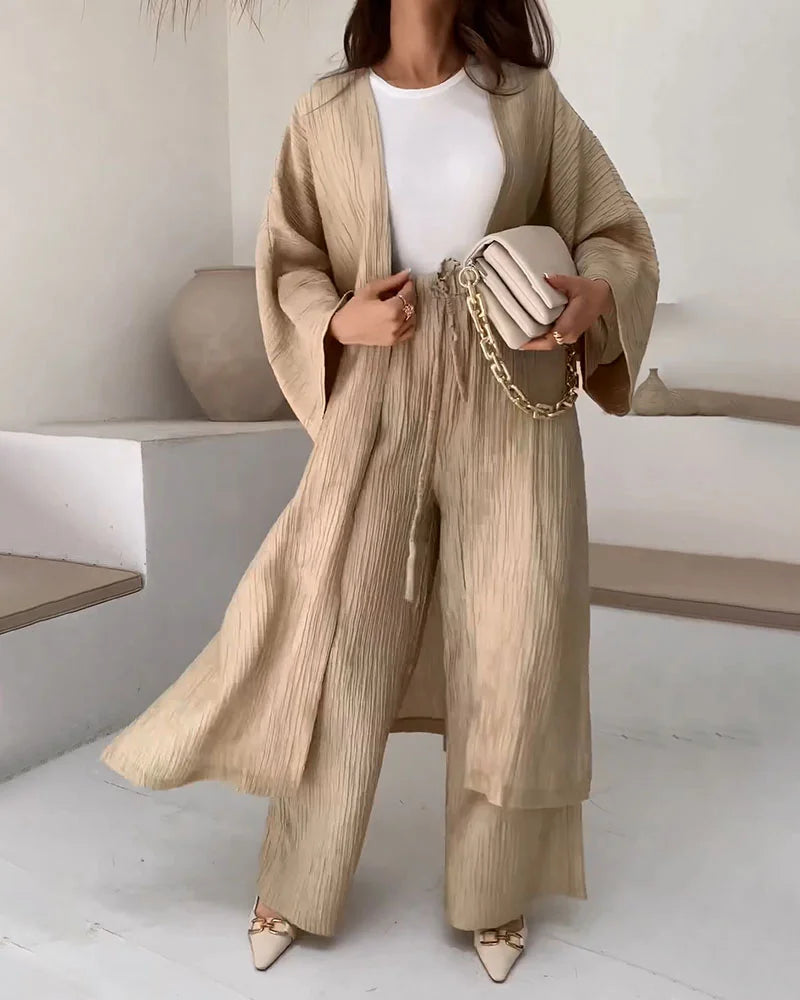 fashionable long slit cardigan casual two suit