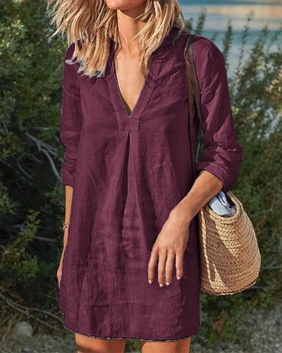 Vintage casual v-neck solid dress