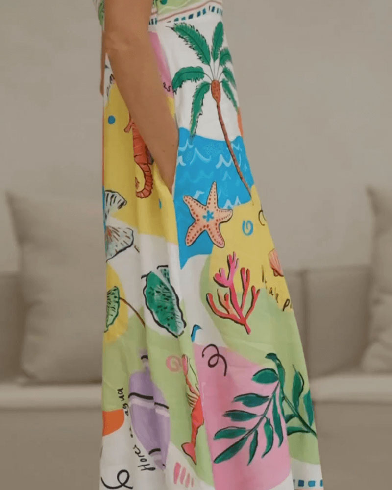 Summer island vacation print suspender dress